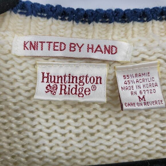 Vintage 80s Western Cardigan Sweater M Blue Cream Fringe Hand Knit Button Up - Picture 10 of 12